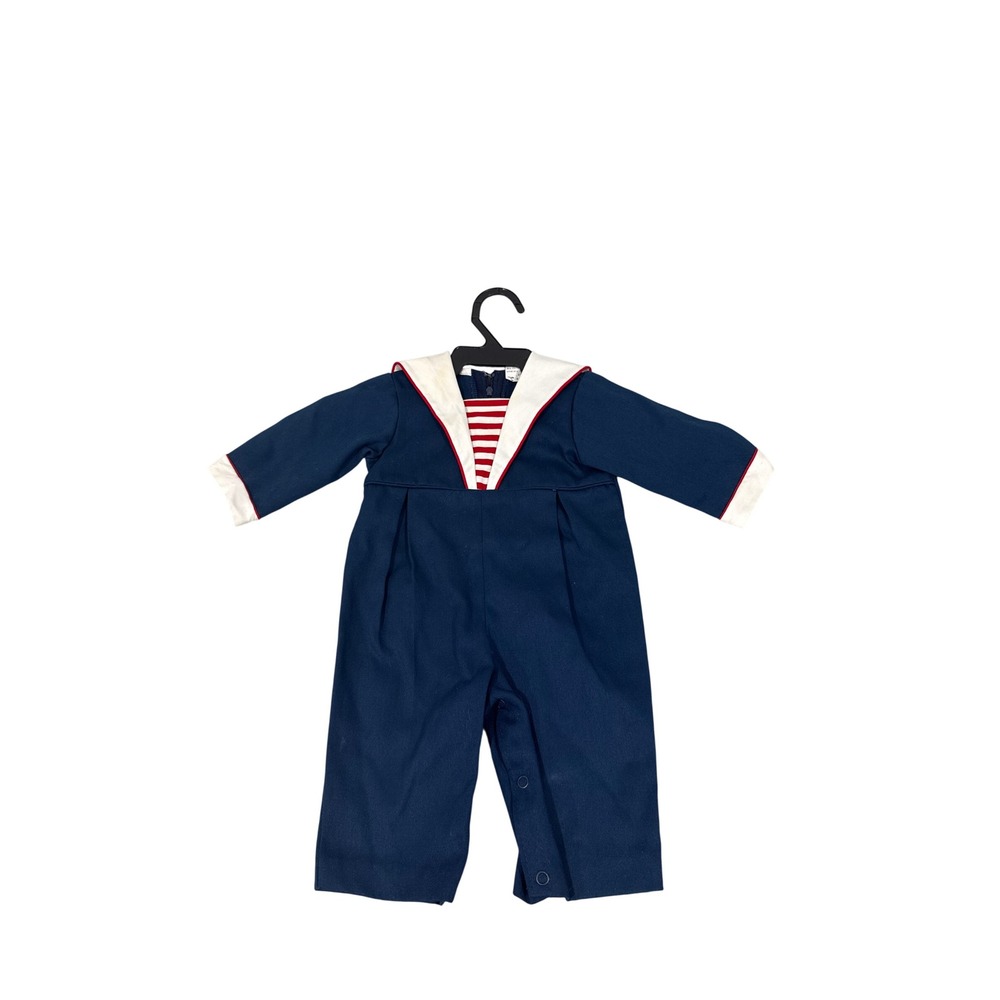 Vintage Bryan Navy Blue Sailor Romper Long Sleeve Nautical 3-6 Months USA